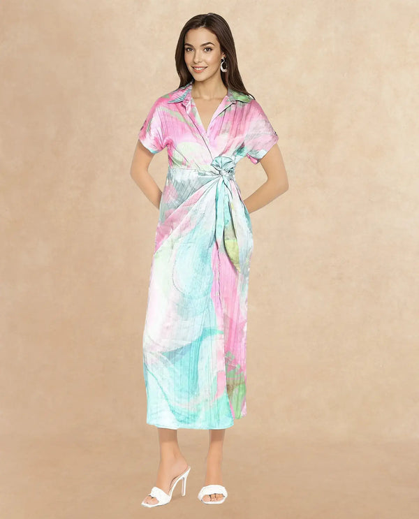 Rareism Women Chiapas Dusky Multi Extended Sleeves Collared Collar Tie Up Straight Fit Abstract Print Maxi Dress