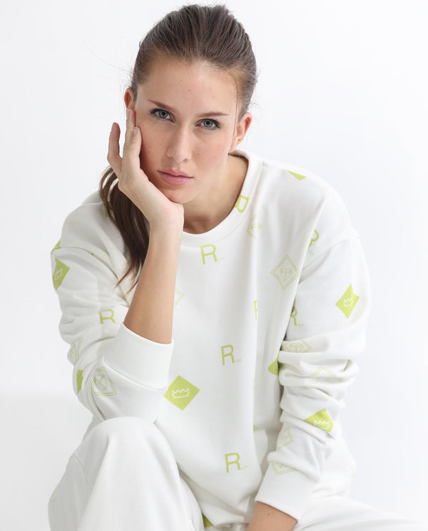 Rareism Articale Women Chico Off White Poly Cotton Fabric Full Sleeves Crew Neck Regular Fit Graphic Print Sweatshirt