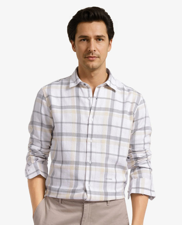 Rare Rabbit Men Chigo White Cotton Fabric Regular Collar Button Closure Slim Fit Checks Shirt