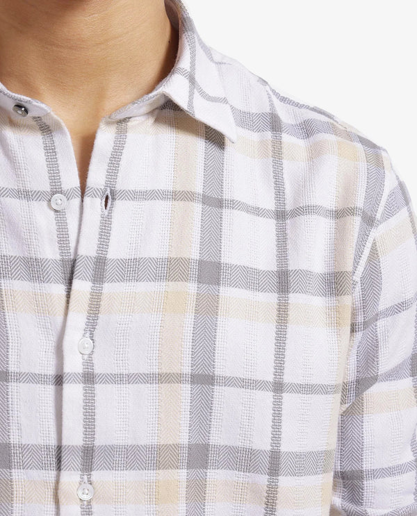 Rare Rabbit Men Chigo White Cotton Fabric Regular Collar Button Closure Slim Fit Checks Shirt