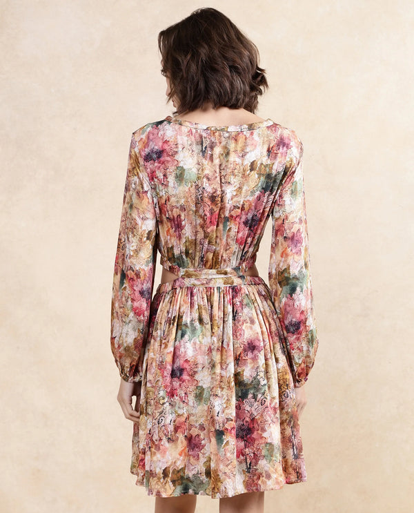 Rareism Women's Chilet Multi Cotton Blend Fabric Round Neck  Puff Sleeve Floral Print A-Line Knee Length Dress