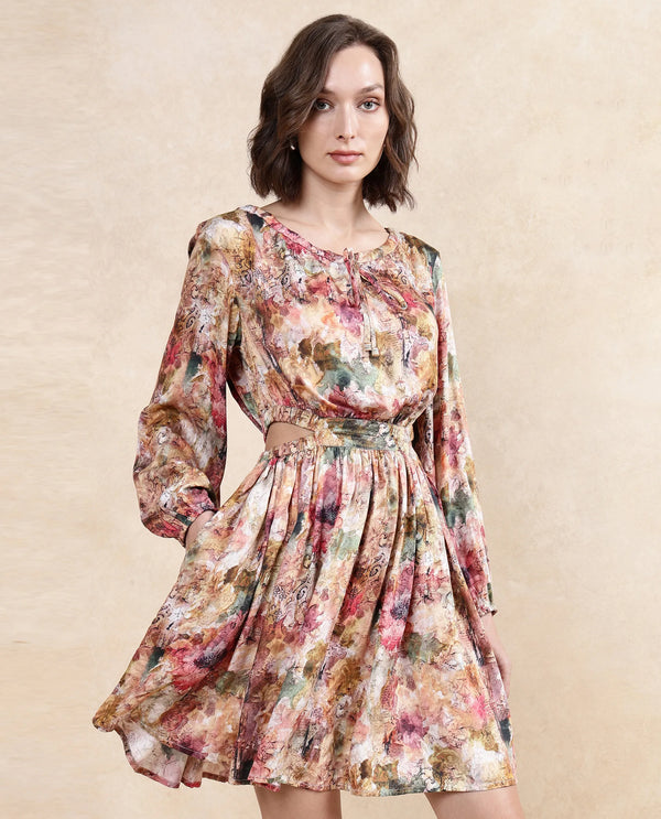 Rareism Women's Chilet Multi Cotton Blend Fabric Round Neck  Puff Sleeve Floral Print A-Line Knee Length Dress