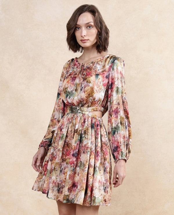 Rareism Women's Chilet Multi Cotton Blend Fabric Round Neck  Puff Sleeve Floral Print A-Line Knee Length Dress