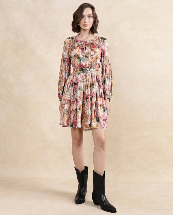 Rareism Women's Chilet Multi Cotton Blend Fabric Round Neck  Puff Sleeve Floral Print A-Line Knee Length Dress