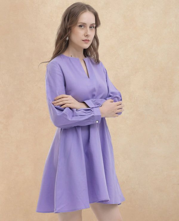 Rareism Women Choho Pastel Purple Cotton Fabric Regular Sleeves V-Neck Solid Regular Length Dress