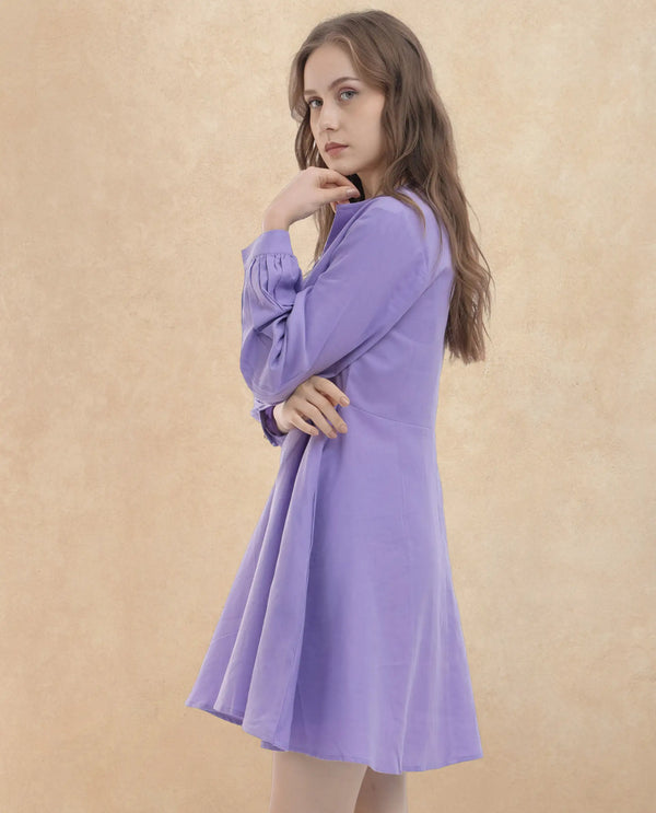 Rareism Women Choho Pastel Purple Cotton Fabric Regular Sleeves V-Neck Solid Regular Length Dress