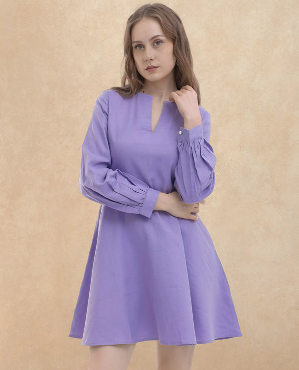 Rareism Women Choho Pastel Purple Cotton Fabric Regular Sleeves V-Neck Solid Regular Length Dress