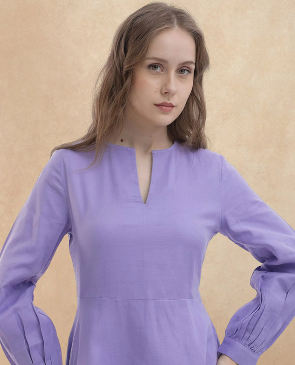 Rareism Women Choho Pastel Purple Cotton Fabric Regular Sleeves V-Neck Solid Regular Length Dress