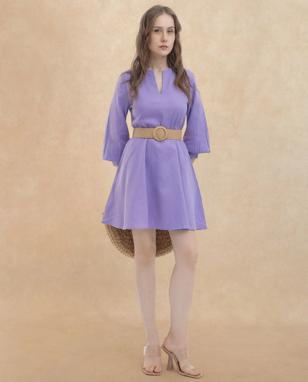 Rareism Women Choho Pastel Purple Cotton Fabric Regular Sleeves V-Neck Solid Regular Length Dress