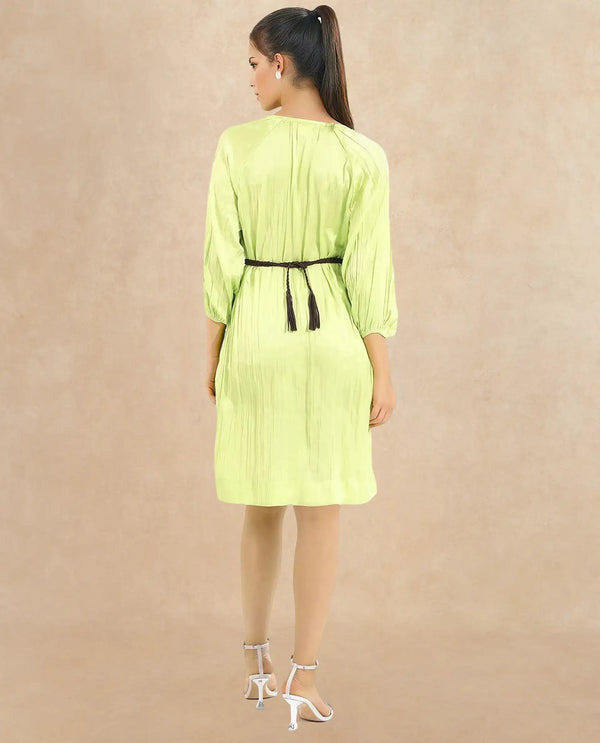 Rareism Women's Choji Light Green  Tie-Up Neck Tie-Up Closure Raglan Sleeve Plain Relaxed Fit Mini Dress
