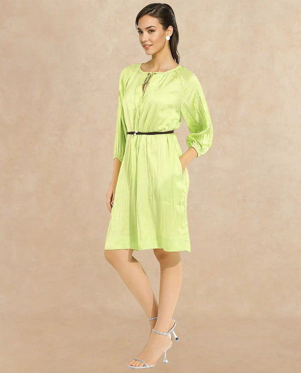 Rareism Women's Choji Light Green  Tie-Up Neck Tie-Up Closure Raglan Sleeve Plain Relaxed Fit Mini Dress