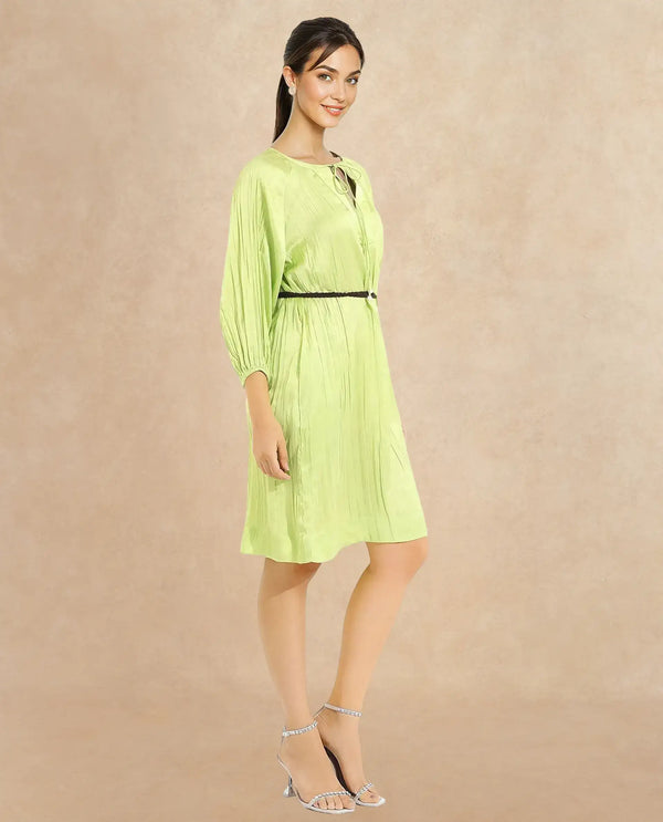 Rareism Women's Choji Light Green  Tie-Up Neck Tie-Up Closure Raglan Sleeve Plain Relaxed Fit Mini Dress