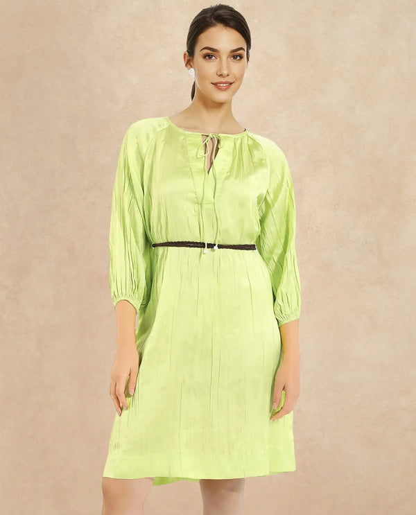 Rareism Women's Choji Light Green  Tie-Up Neck Tie-Up Closure Raglan Sleeve Plain Relaxed Fit Mini Dress
