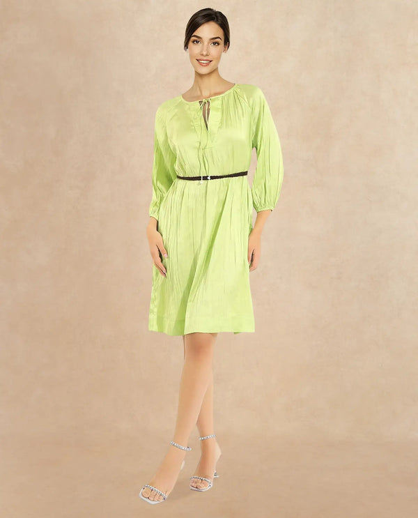 Rareism Women's Choji Light Green  Tie-Up Neck Tie-Up Closure Raglan Sleeve Plain Relaxed Fit Mini Dress