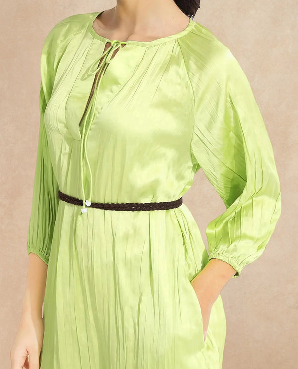 Rareism Women's Choji Light Green  Tie-Up Neck Tie-Up Closure Raglan Sleeve Plain Relaxed Fit Mini Dress