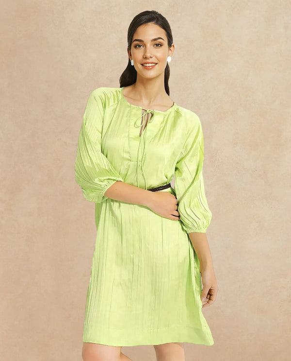Rareism Women's Choji Light Green  Tie-Up Neck Tie-Up Closure Raglan Sleeve Plain Relaxed Fit Mini Dress