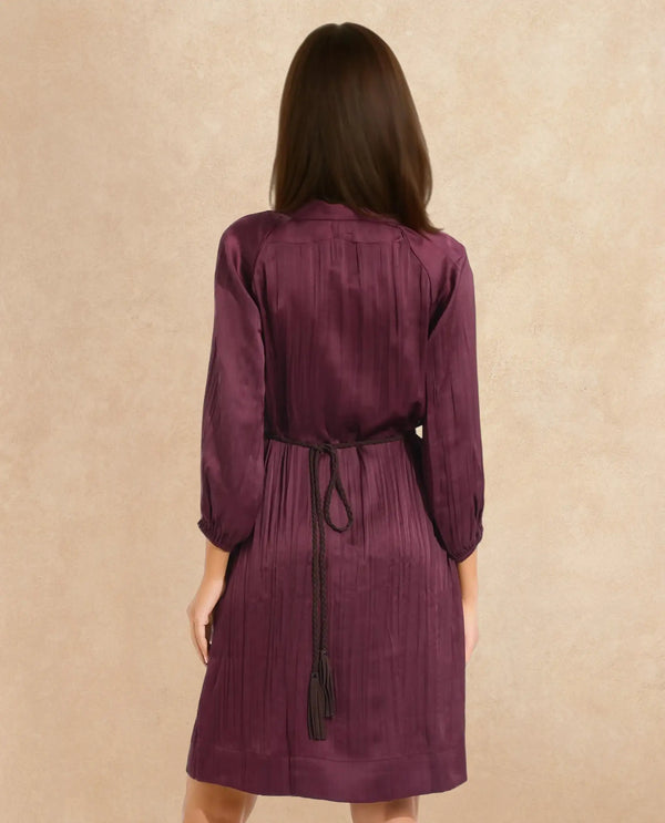 Rareism Women Choki Dark Purple Raglan Sleeves Tie-Up Neck Tie Up Closure Relaxed Fit Mini Plain Dress