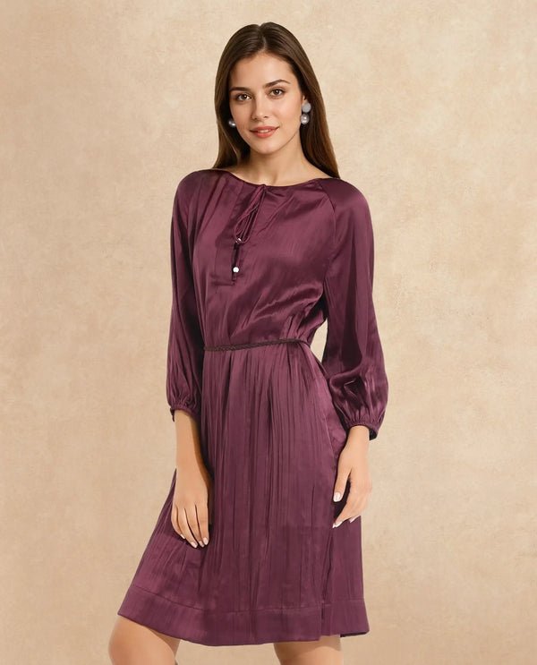 Rareism Women Choki Dark Purple Raglan Sleeves Tie-Up Neck Tie Up Closure Relaxed Fit Mini Plain Dress
