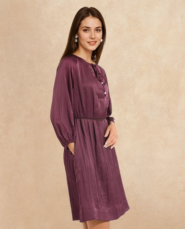 Rareism Women Choki Dark Purple Raglan Sleeves Tie-Up Neck Tie Up Closure Relaxed Fit Mini Plain Dress