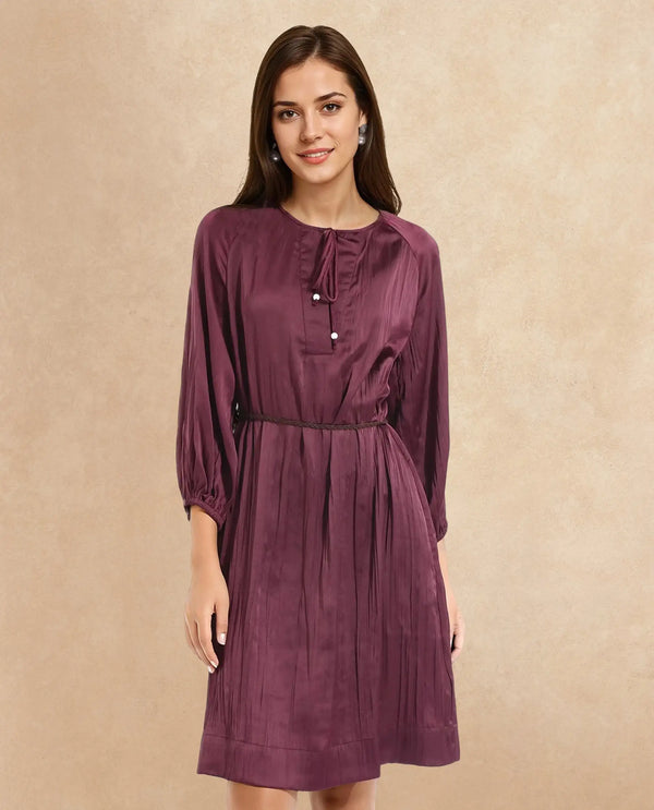 Rareism Women Choki Dark Purple Raglan Sleeves Tie-Up Neck Tie Up Closure Relaxed Fit Mini Plain Dress