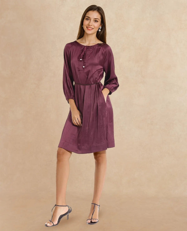 Rareism Women Choki Dark Purple Raglan Sleeves Tie-Up Neck Tie Up Closure Relaxed Fit Mini Plain Dress