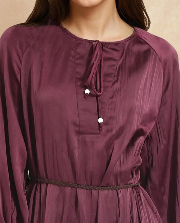 Rareism Women Choki Dark Purple Raglan Sleeves Tie-Up Neck Tie Up Closure Relaxed Fit Mini Plain Dress