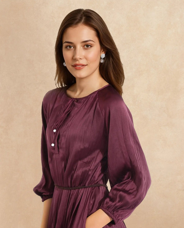 Rareism Women Choki Dark Purple Raglan Sleeves Tie-Up Neck Tie Up Closure Relaxed Fit Mini Plain Dress