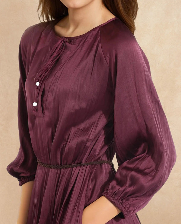 Rareism Women Choki Dark Purple Raglan Sleeves Tie-Up Neck Tie Up Closure Relaxed Fit Mini Plain Dress