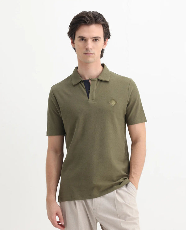 Rare Rabbit Men's Charles Olive Cotton Fabric Short Sleeve Regular Fit Plain Knitted Polo T-Shirt