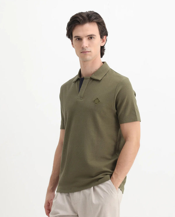 Rare Rabbit Men's Charles Olive Cotton Fabric Short Sleeve Regular Fit Plain Knitted Polo T-Shirt