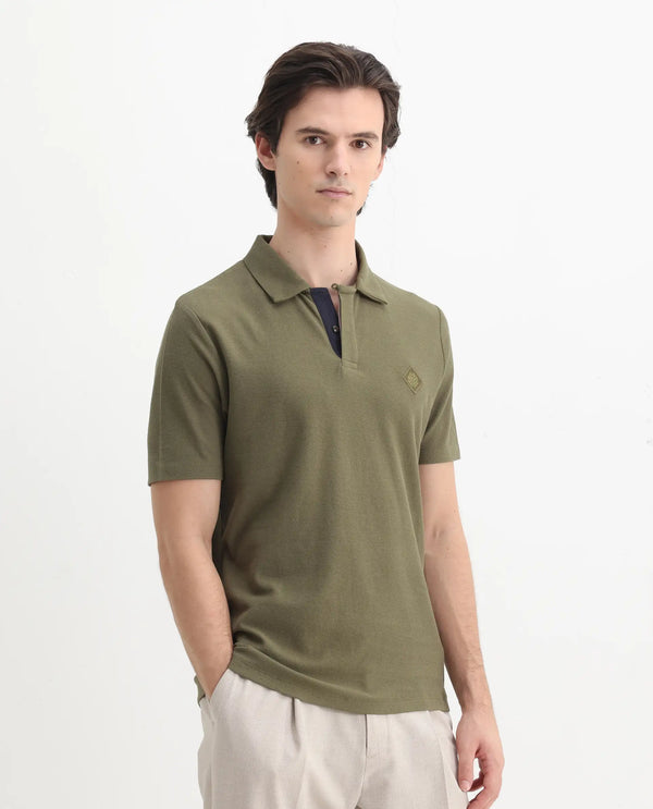 Rare Rabbit Men's Charles Olive Cotton Fabric Short Sleeve Regular Fit Plain Knitted Polo T-Shirt