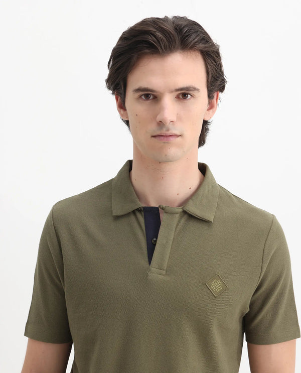 Rare Rabbit Men's Charles Olive Cotton Fabric Short Sleeve Regular Fit Plain Knitted Polo T-Shirt