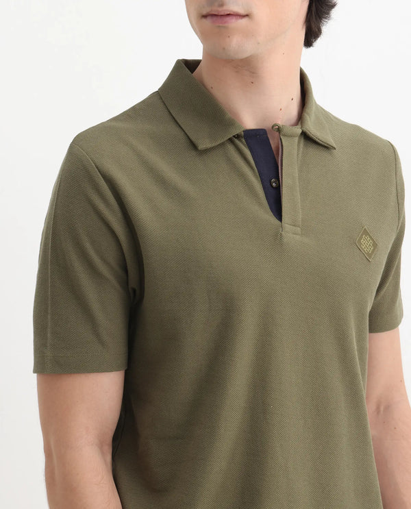 Rare Rabbit Men's Charles Olive Cotton Fabric Short Sleeve Regular Fit Plain Knitted Polo T-Shirt