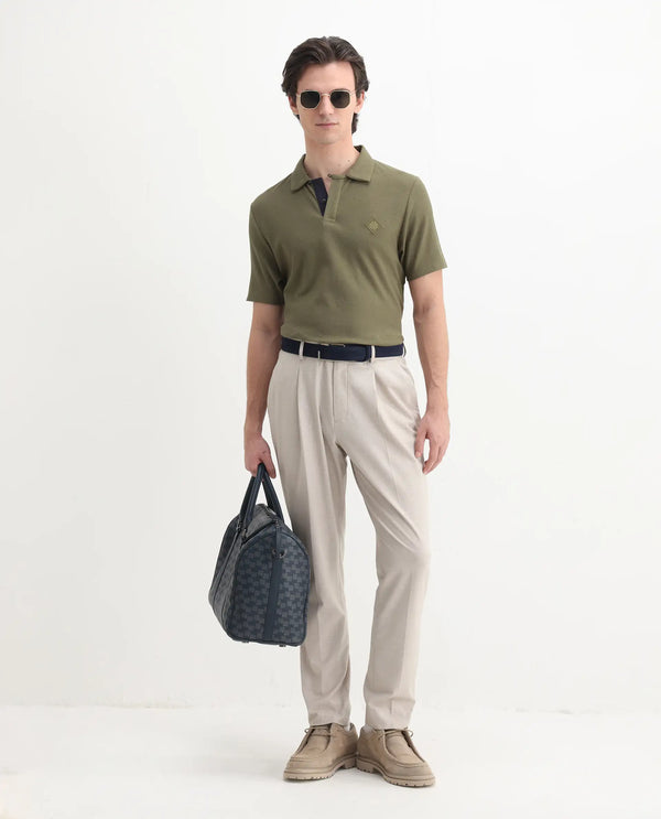 Rare Rabbit Men's Charles Olive Cotton Fabric Short Sleeve Regular Fit Plain Knitted Polo T-Shirt