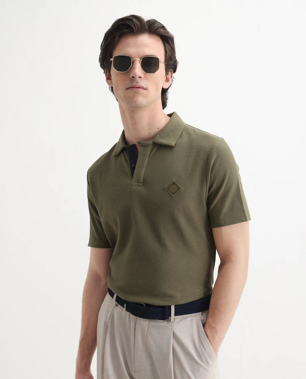 Rare Rabbit Men's Charles Olive Cotton Fabric Short Sleeve Regular Fit Plain Knitted Polo T-Shirt