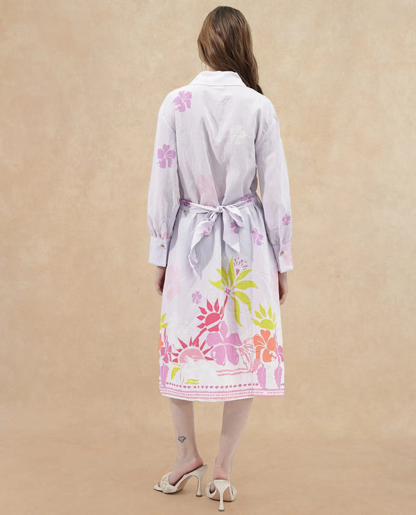 Rareism Women Chunker Off White Rayon Nylon Fabric Regular Sleeves Collared Neck Floral Print Longline Dress