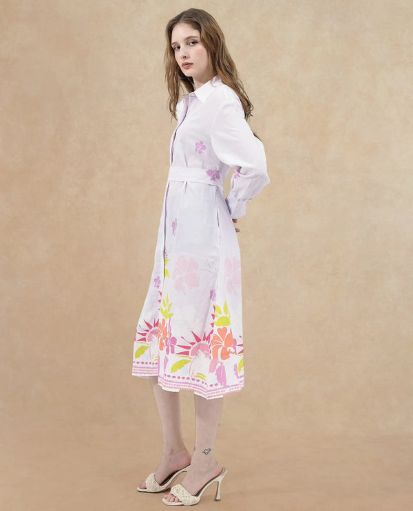Rareism Women Chunker Off White Rayon Nylon Fabric Regular Sleeves Collared Neck Floral Print Longline Dress