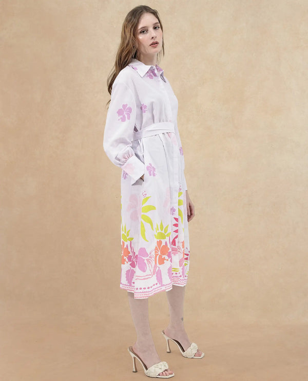 Rareism Women Chunker Off White Rayon Nylon Fabric Regular Sleeves Collared Neck Floral Print Longline Dress