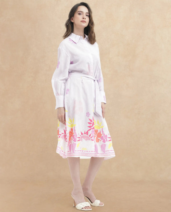 Rareism Women Chunker Off White Rayon Nylon Fabric Regular Sleeves Collared Neck Floral Print Longline Dress