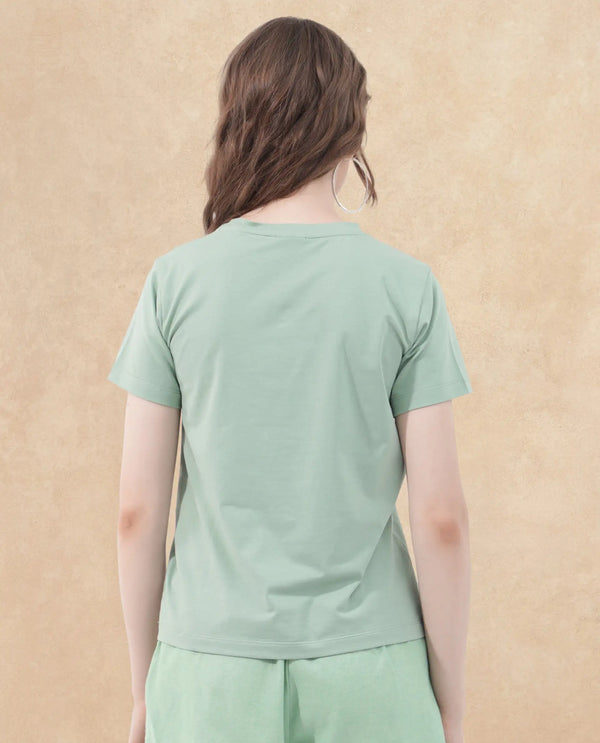 Rareism Women Ciara Green Cotton Elastane Fabric Crew Neck Knit Solid T-Shirt