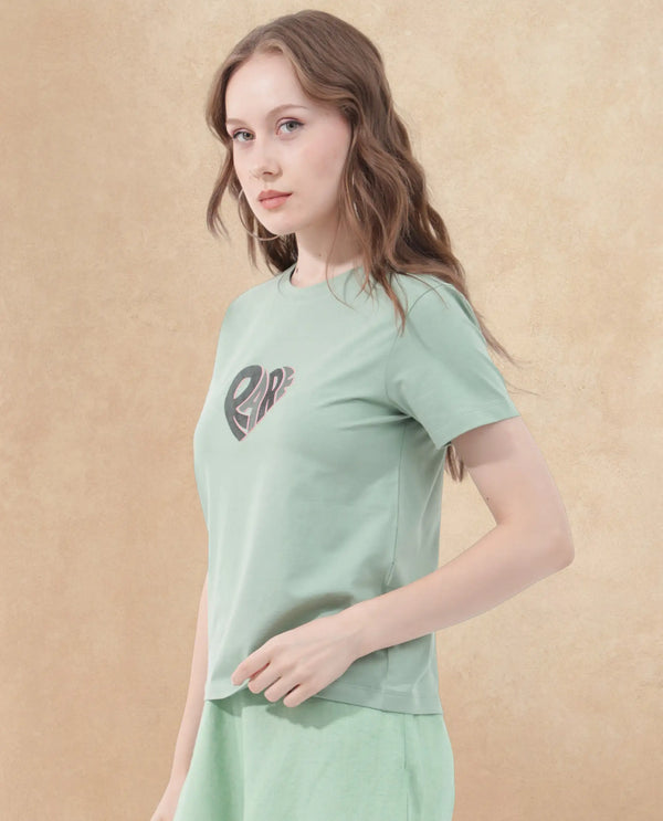 Rareism Women Ciara Green Cotton Elastane Fabric Crew Neck Knit Solid T-Shirt
