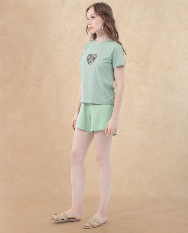 Rareism Women Ciara Green Cotton Elastane Fabric Crew Neck Knit Solid T-Shirt