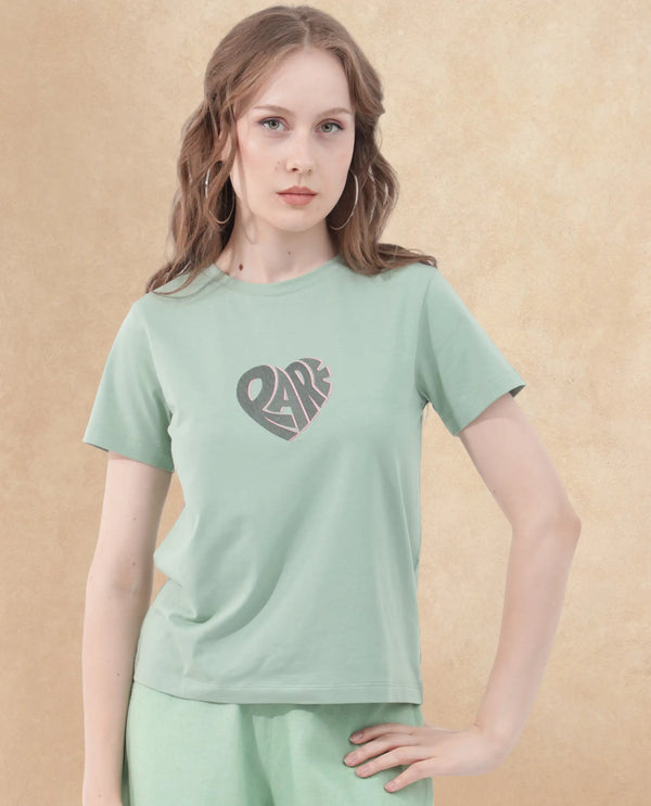 Rareism Women Ciara Green Cotton Elastane Fabric Crew Neck Knit Solid T-Shirt