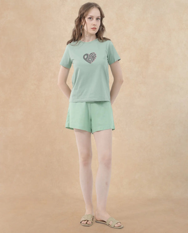 Rareism Women Ciara Green Cotton Elastane Fabric Crew Neck Knit Solid T-Shirt