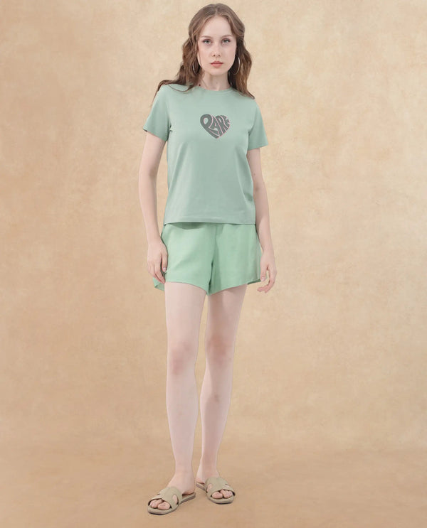 Rareism Women Ciara Green Cotton Elastane Fabric Crew Neck Knit Solid T-Shirt