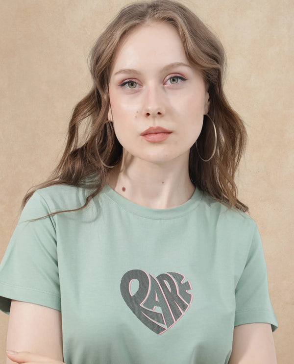 Rareism Women Ciara Green Cotton Elastane Fabric Crew Neck Knit Solid T-Shirt
