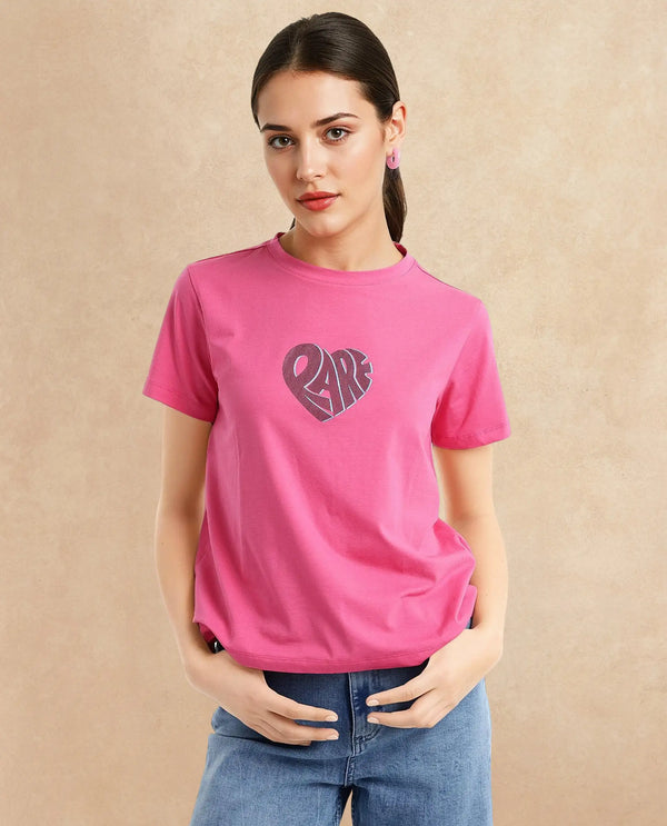 Rareism Women Ciara Flouroscent Pink Cotton Elastane Fabric Crew Neck Knit Solid T-Shirt