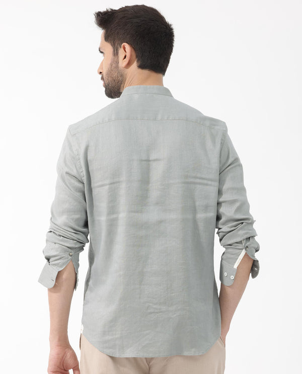 Rare Rabbit Men's Cinex Dusky Green Full Sleeve Mandarin Collar Solid Linen Shirt