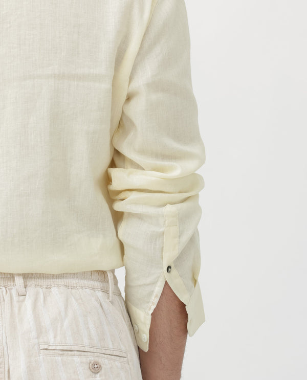 Rare Rabbit Men's Cinex Pastel Yellow Full Sleeve Mandarin Collar Solid Linen Shirt