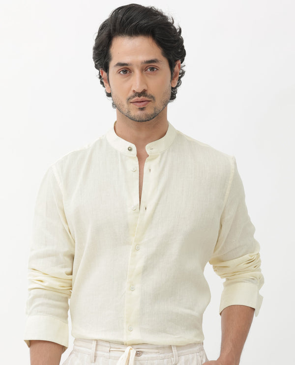 Rare Rabbit Men's Cinex Pastel Yellow Full Sleeve Mandarin Collar Solid Linen Shirt